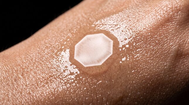 Innovative medical patch on human skin, octagonal hydrocolloid bandage for wound care, transparent adhesive dressing for dermatology and healing