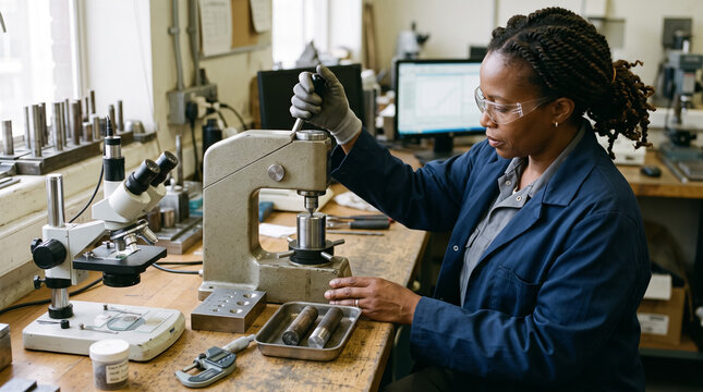 Female Metallurgist Testing Metal Hardness with Press Machine and Microscope in Laboratory. Concept of indenter, hardened, presses, hardness tester, metallurgy, quality control, technician.