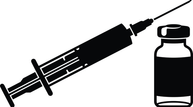Medical syringe silhouette with vaccine glass vial icon for health immunization injection treatment black graphic vector