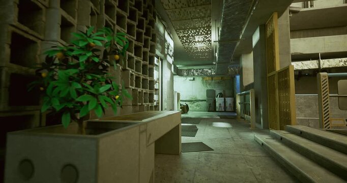 abandoned industrial basement corridor with green fluorescent lighting, concrete walls, metal shelving and stacked crates, worn mattress on floor, ventilation