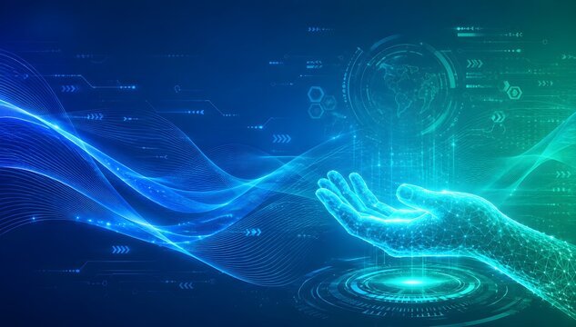 Futuristic technology background with digital holographic hand and data streams for AI concept