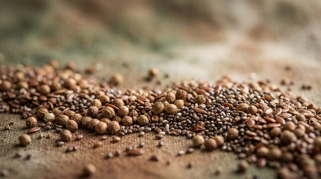 Macro photo of mixed natural seeds including chia and coriander on vintage fabric background, organic superfood ingredient concept.