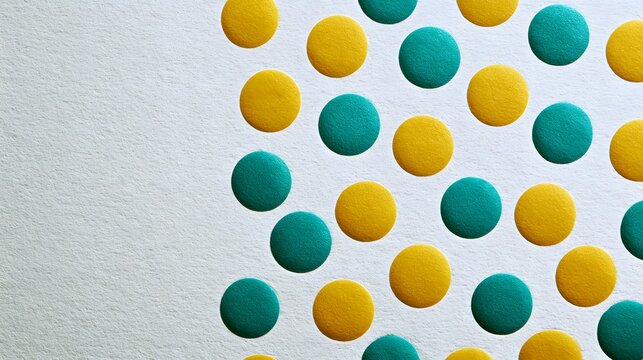 Abstract pattern of yellow and teal circular dots on textured surface