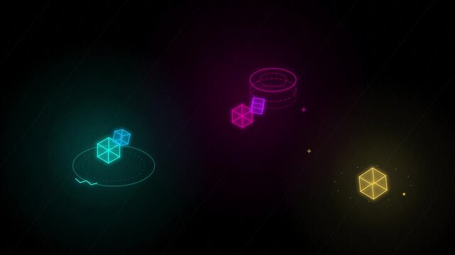 Abstract neon isometric cubes rotating in seamless digital space loop