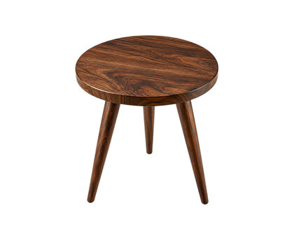 Round wooden side table with three legs isolated on clean white background