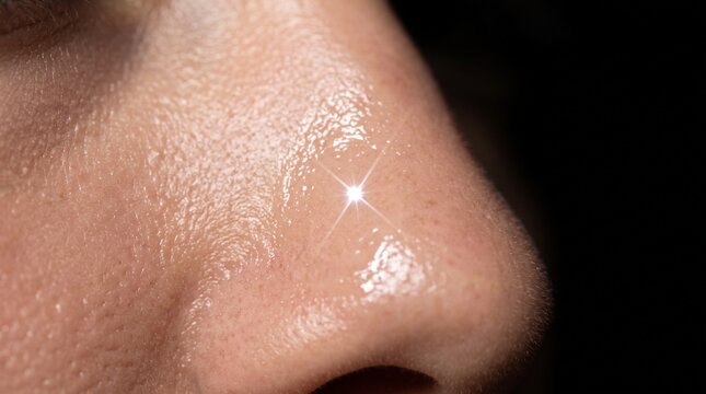 Oily skin texture on human nose with visible pores, shiny greasy facial skin close up, dermatology concept for sebum production and skincare