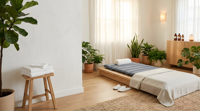 Minimalist bedroom interior with floor bed and green plants. Japanese style futon mattress on wooden platform in bright room. Spa and wellness relaxation space