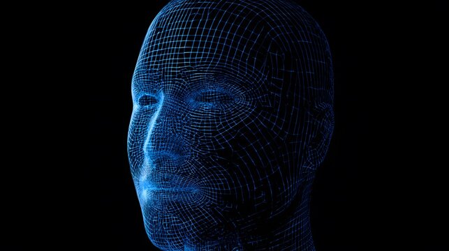 Human face as a glowing blue wireframe digital grid on dark background
