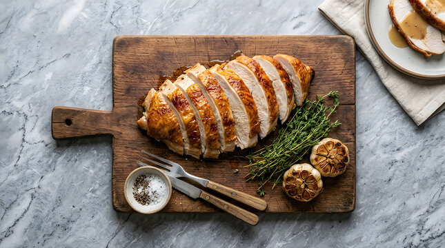 Roasted sliced chicken breast served with fresh herbs and garlic on a rustic wooden cutting board
