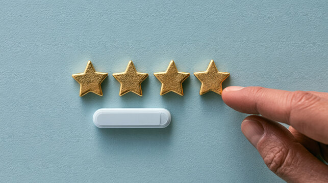Hand placing fourth golden star rating quality review customer satisfaction feedback concept minimal turquoise background