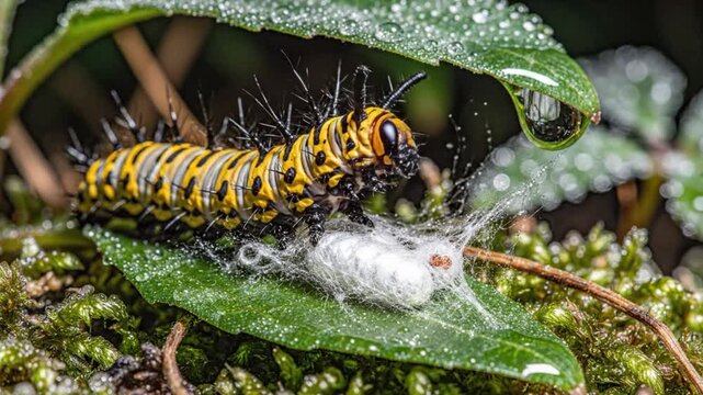 Closeup of a Monarch caterpillar feasting on a small white egg mass in a lush green environment with water droplets
