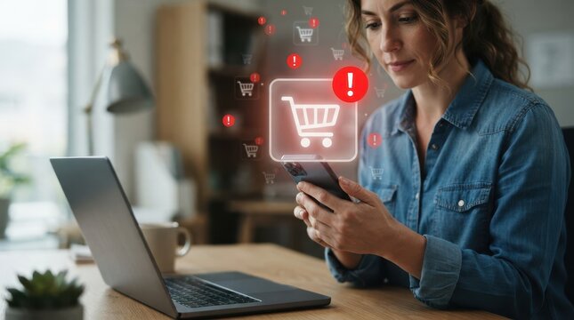 Concentrated woman holding smartphone with shopping cart icon and red alert notifications in modern workspace environment