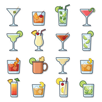 Illustrated collection of various cocktail drinks.