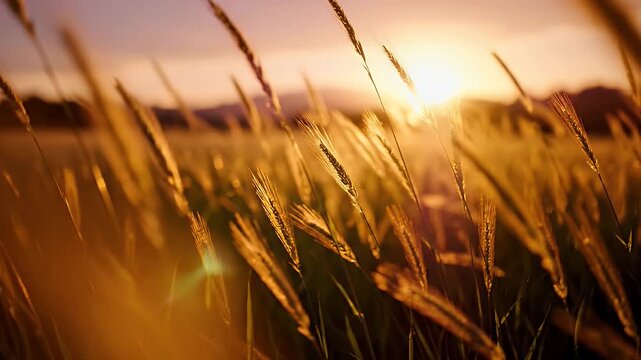 Golden Field Grasses in Warm Sunset Lighting Hovering Through Tall Blades