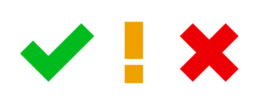 Check mark icons, green check mark, exclamation mark and red cross mark icon set, green tick and red x, approval, attention and decline symbols