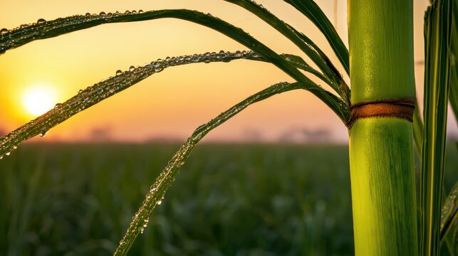 Vibrant green sugarcane stalks with dew droplets at golden hour sunset in tropical field