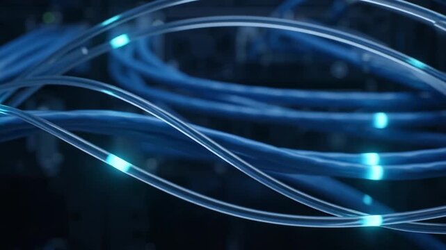 Fiber optic cables with glowing blue light pulses. High speed data transmission lines. Digital network infrastructure for telecommunications.