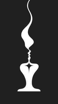 Minimalist black and white optical illusion vector graphic featuring a wine glass and kissing couple silhouette.