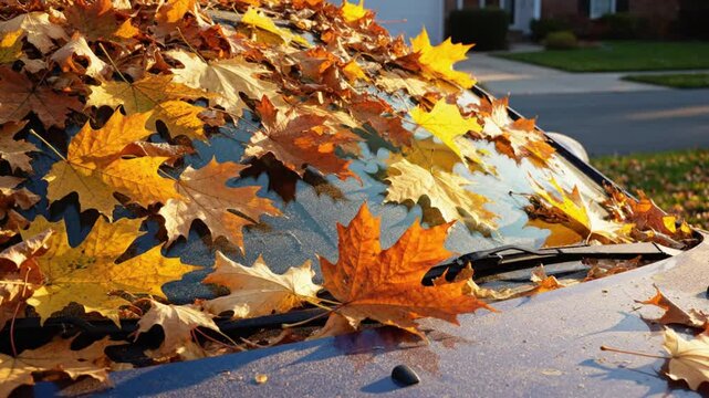 Autumn scene of a blue car covered in vibrant colorful fallen maple leaves during the fall season