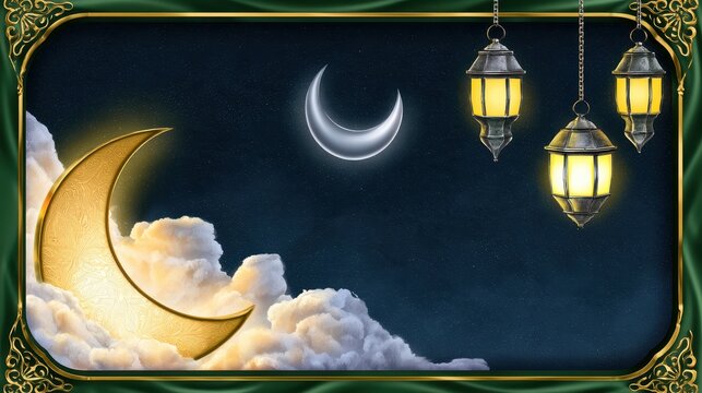Decorative digital illustration of celestial elements with hanging lanterns in vintage frame