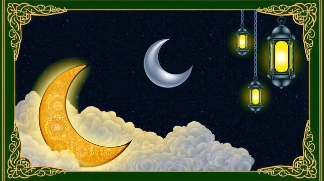 Decorative digital illustration of crescent moons and lanterns at night