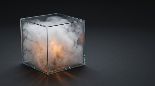 White smoke trapped inside a transparent glass cube on dark background