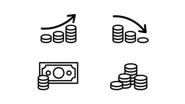 Financial income profit and loss outline icons set with coin stacks banknote and trend arrows isolated vector linear graphic design