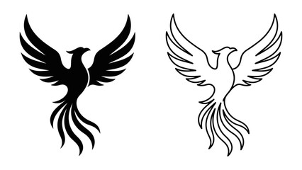 Fototapeta premium Mythical Phoenix Silhouette: A striking silhouette of a mythical phoenix, both solid black and an outline version, with expansive wings and flowing tail feathers, symbolizing rebirth and resilience.