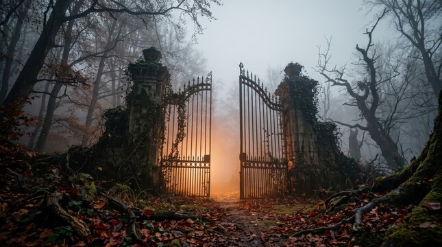 Wrought iron gate in a misty autumn forest with glowing light