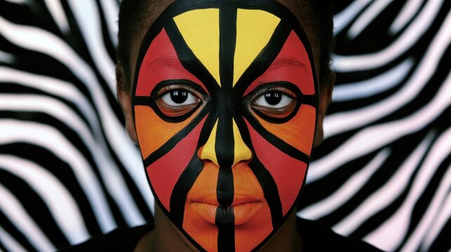 Portrait of a black woman with geometric face paint against a zebra pattern