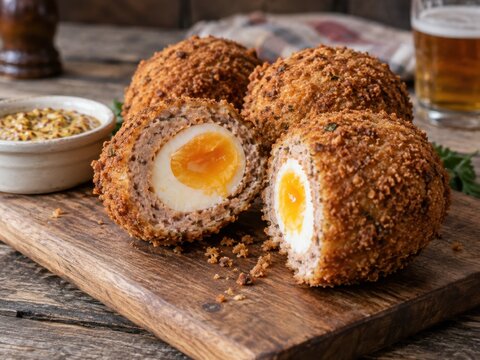 Traditionelle Scotch Eggs mit gekochtem Ei, w&uuml;rziger Fleischh&uuml;lle und knuspriger Panade &ndash; beliebter britischer Snack und deftiger Klassiker der englischen K&uuml;che.