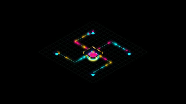 Glowing isometric microchip with neon light pulses transferring data on a dark technology grid