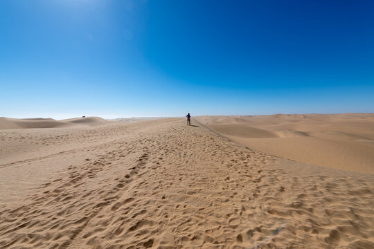 Solitary Figure in Namibian Desert Dunes