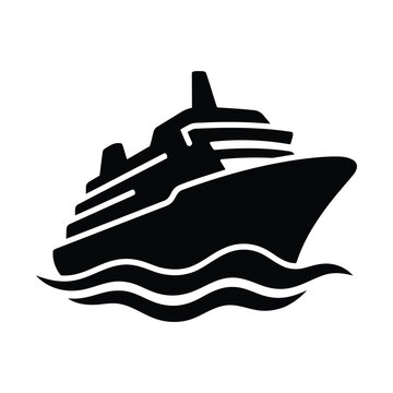 Cruise ship black silhouette icon on ocean waves for travel.