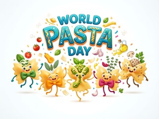Fototapeta premium World pasta day celebration design with cute cartoon farfalle bow tie pasta characters, fresh ingredients, vegetables, and herbs isolated on white background