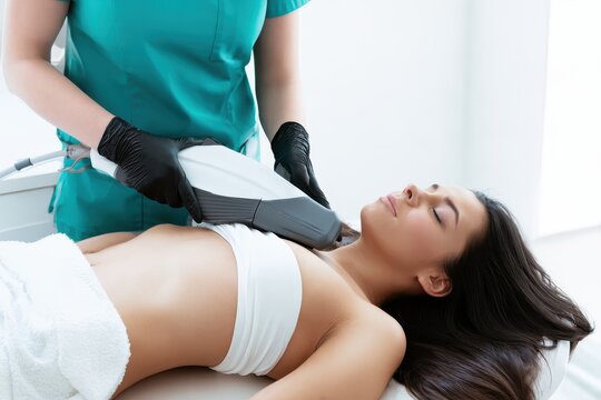 Medical professional performing ultrasound scan on relaxed patient in clinical treatment room with clean white background