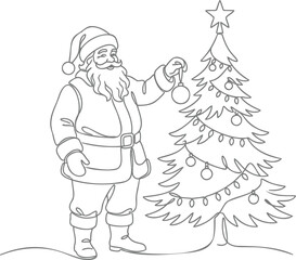 Fototapeta premium Continuous one line of santa claus decorating a christmas tree with ornaments, isolated on a white background