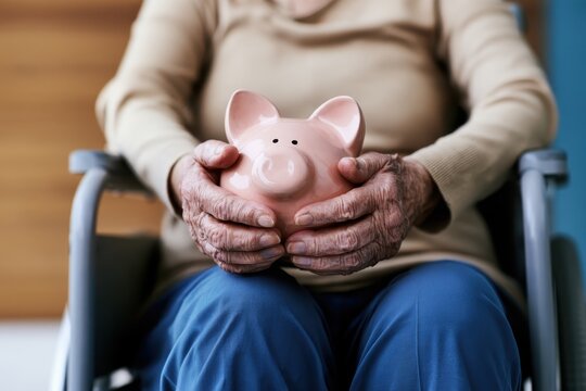 Elderly person in wheelchair holding pink piggy bank for financial planning session