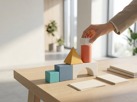 Professional hand placing geometric business blocks on a wooden desk to symbolize building a strategy and corporate growth for future success