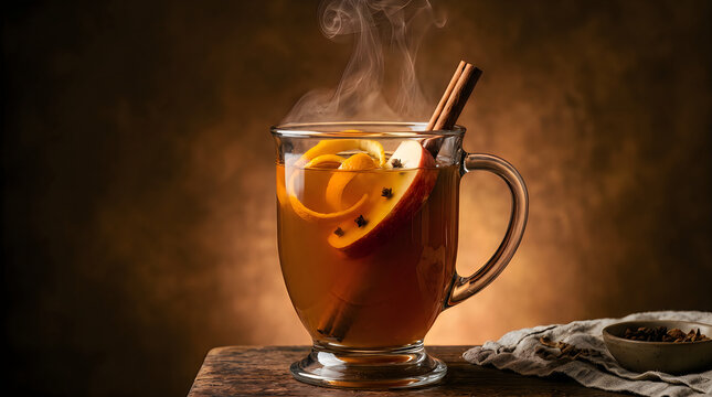 A steaming glass mug of hot mulled wine with orange slices and cinnamon sticks on wooden table