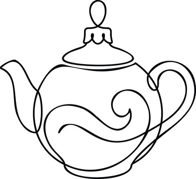 Continuous single line of a decorative teapot with a swirling pattern on a white background, kitchenware line