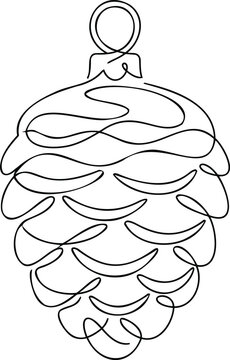 Detailed continuous line of a pine cone christmas ornament with a hanging loop on a white background, for holiday decorations