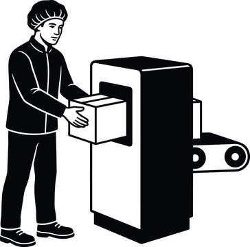 Industrial factory worker operating packaging machine for conveyor belt assembly line work