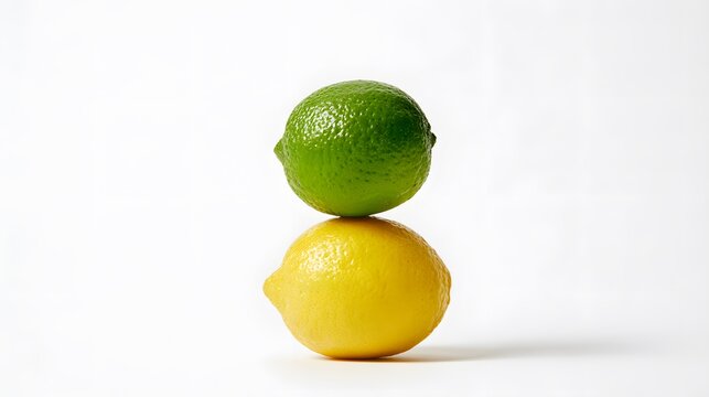 Studio portrait of a textured green lime atop a glossy yellow lemon on a minimalist white background