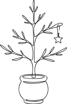 Minimalist continuous line of a small potted christmas tree with a single star ornament, isolated on a white background