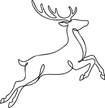 Dynamic continuous line of a jumping reindeer with large antlers, capturing movement and grace on a white background