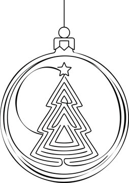 Minimalist continuous line of a christmas tree bauble ornament with a geometric tree and star inside on a white background
