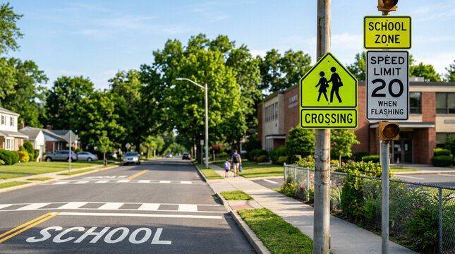 Safe school zone street on a sunny day featuring prominent school zone, pedestrian crossing, and 20 mph speed limit signs. A marked road crossing, school building, sidewalks, residential homes, trees,