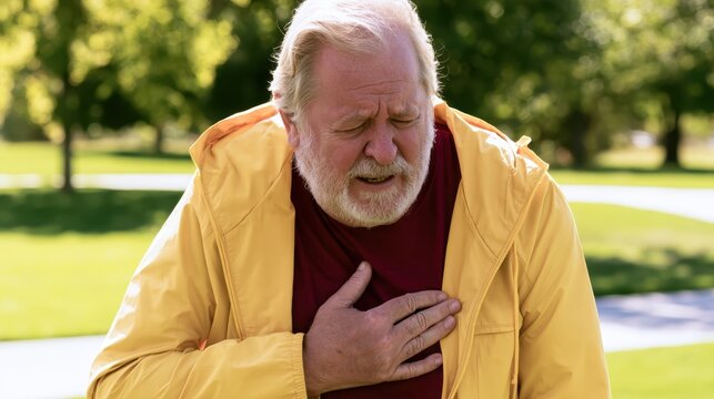 Elderly caucasian man in yellow robe clutching chest outdoors during daylight