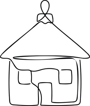 Single continuous line of a small house shaped christmas ornament hanging from a string, isolated on a white background, minimalist